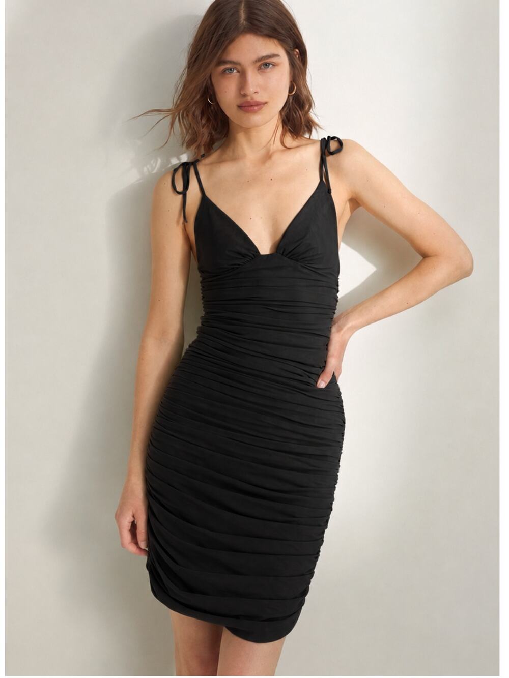 Aritzia Wilfred Winona Black Bodycon Ruched Mesh Dress Size M Party Cocktail